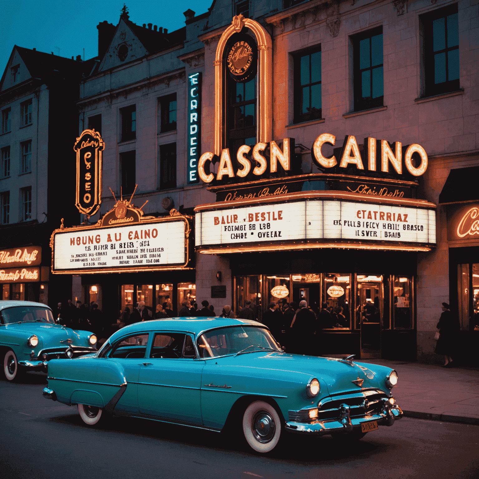 Exterior of a glamorous 1950s European casino with neon signs and classic cars parked outside