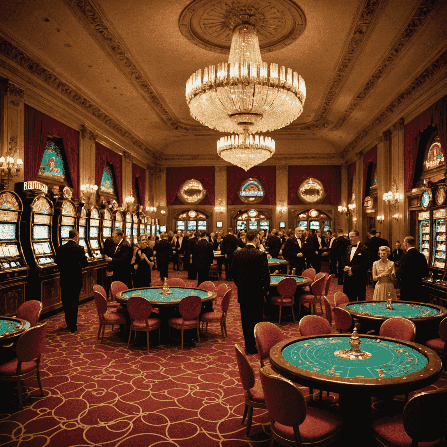 A glamorous 1950s European casino interior with crystal chandeliers, plush red carpets, and elegantly dressed patrons at roulette tables