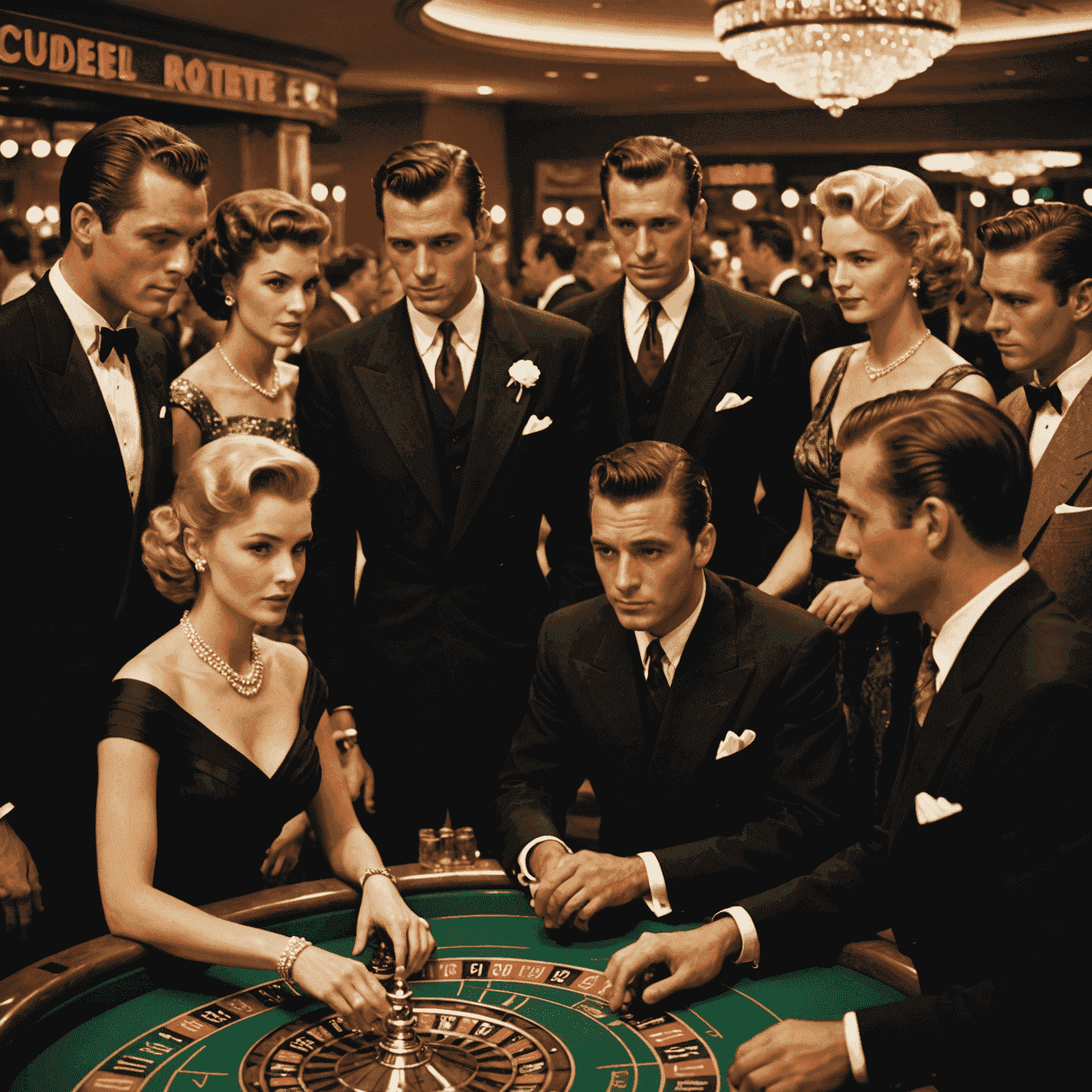 A group of elegantly dressed men and women gathered around a roulette table in a 1950s casino. The men are wearing tailored suits with narrow lapels and thin ties, while the women don cocktail dresses with cinched waists and full skirts. The scene exudes sophistication and glamour.