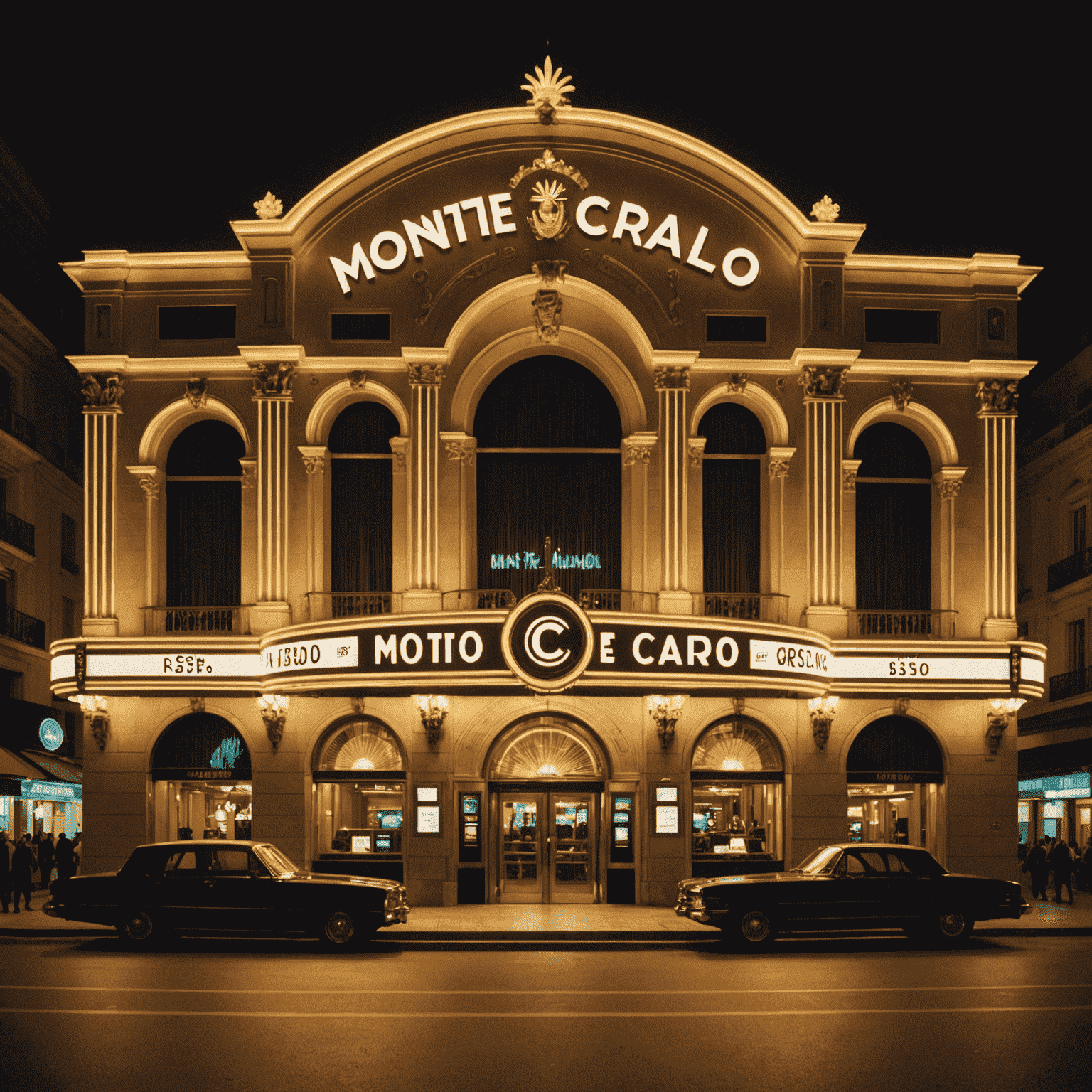 The opulent exterior of a 1960s Monte Carlo casino at night, with art deco styling and illuminated signage