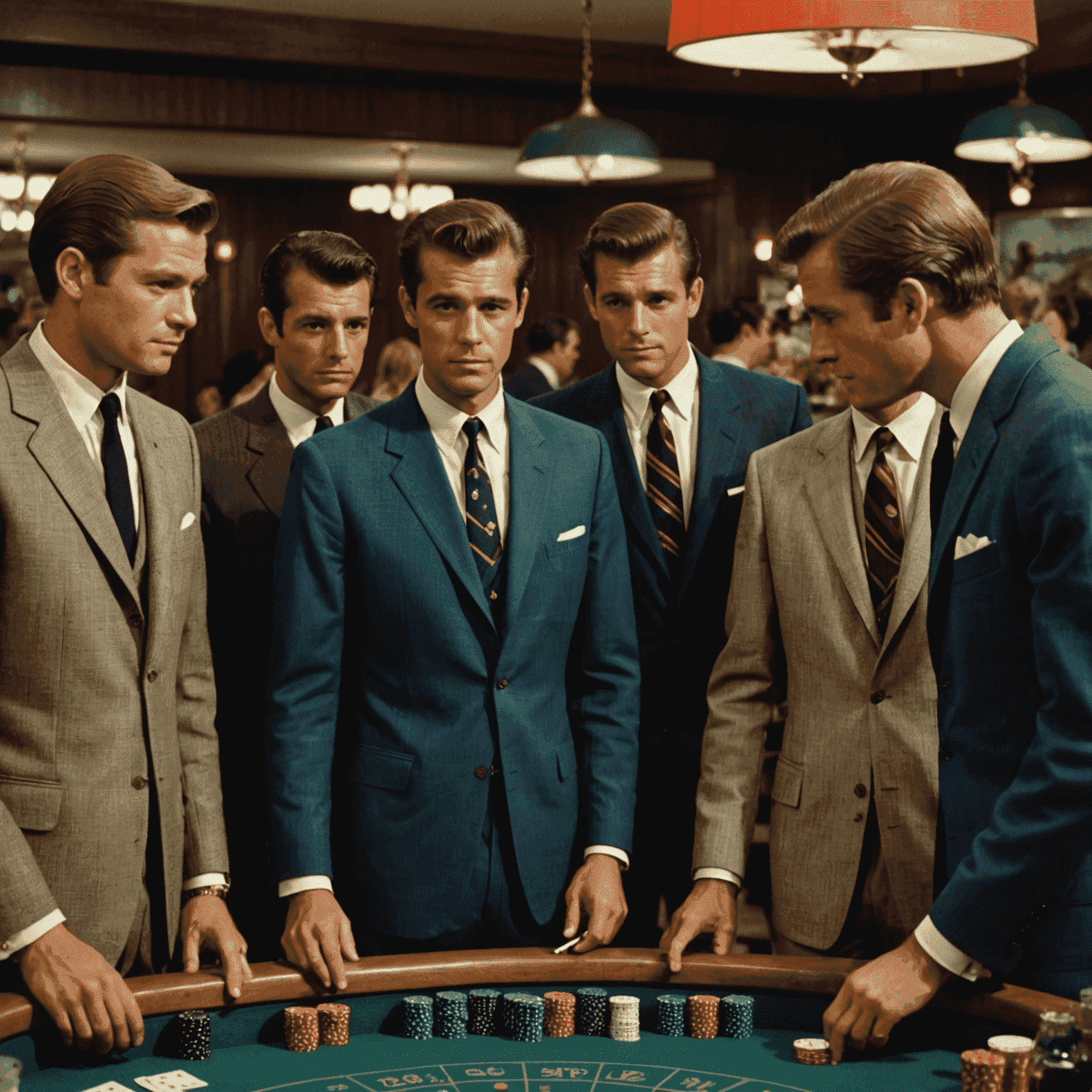 A lineup of men in various 1960s suit styles standing near a craps table. The suits range from classic black to patterned jackets, all paired with narrow ties and pocket squares. Their hair is neatly styled, and some are holding cigarettes or martini glasses.