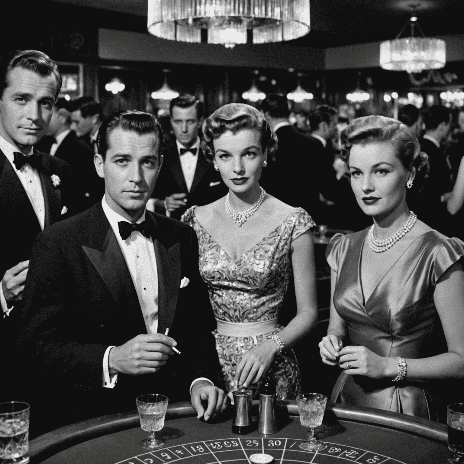 A black and white photograph of elegantly dressed celebrities at a 1950s casino bar, with vintage cocktails and cigarette holders