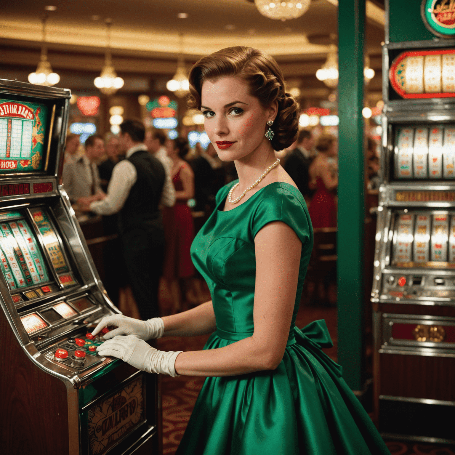 A woman in a 1950s style cocktail dress standing by a slot machine. The dress is a vibrant emerald green with a fitted bodice and full skirt. She wears elbow-length gloves and her hair is styled in an elegant updo. Pearl jewelry completes her ensemble.
