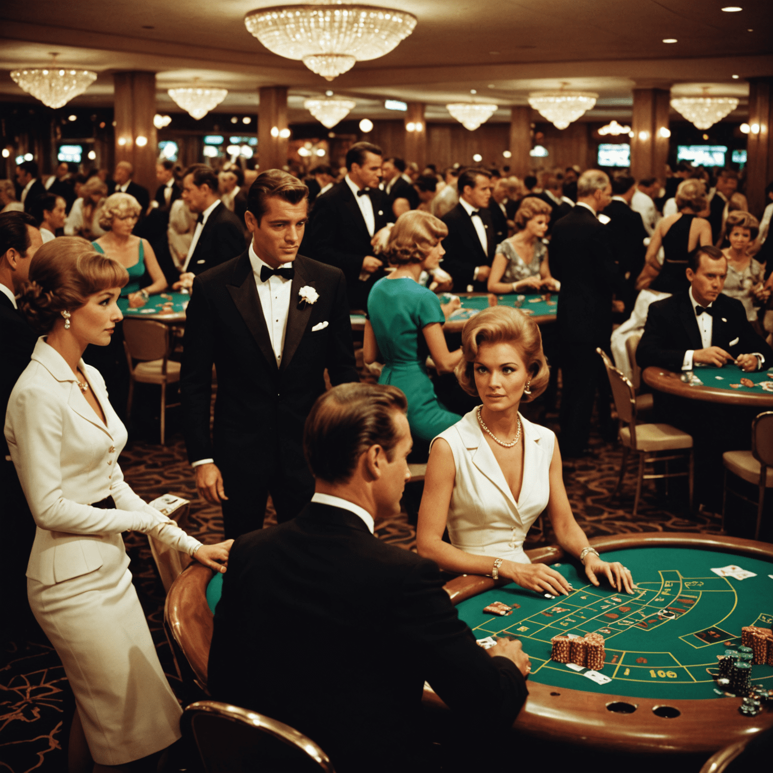 A panoramic view of a 1960s casino floor filled with elegantly dressed patrons. In the foreground, a couple sits at a blackjack table - the man in a white dinner jacket and the woman in a sleek, knee-length sheath dress. The background shows the evolution of styles, with some mod influences visible among the classic looks.